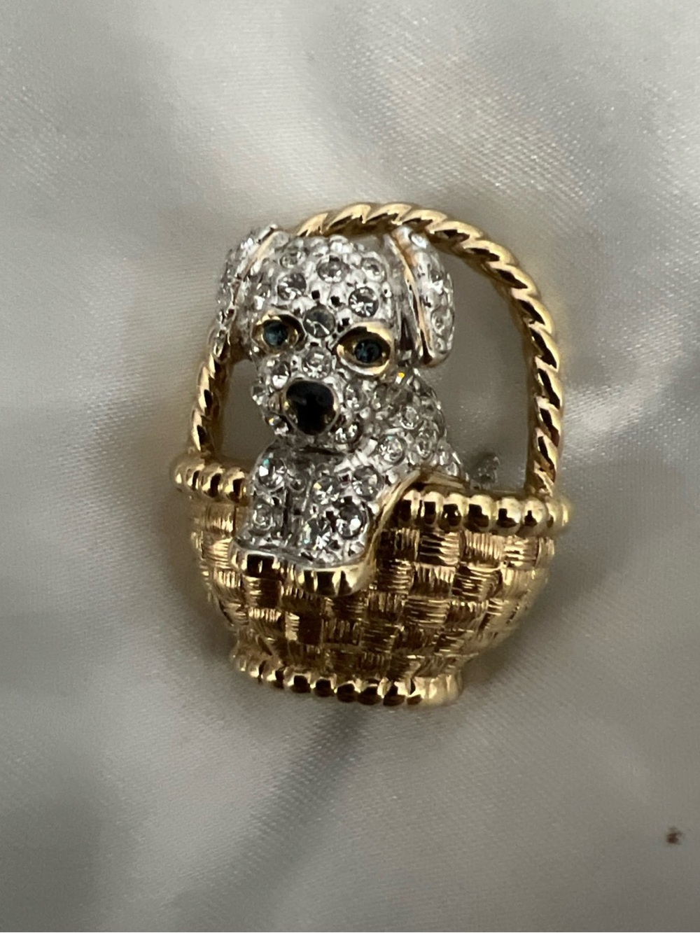 Carolee Gold and Clear Crystal Puppy in Basket Brooch